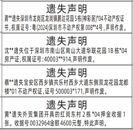 深圳登报报纸图:不动产权证书（房产证）、押金收据遗失登报范本的图样